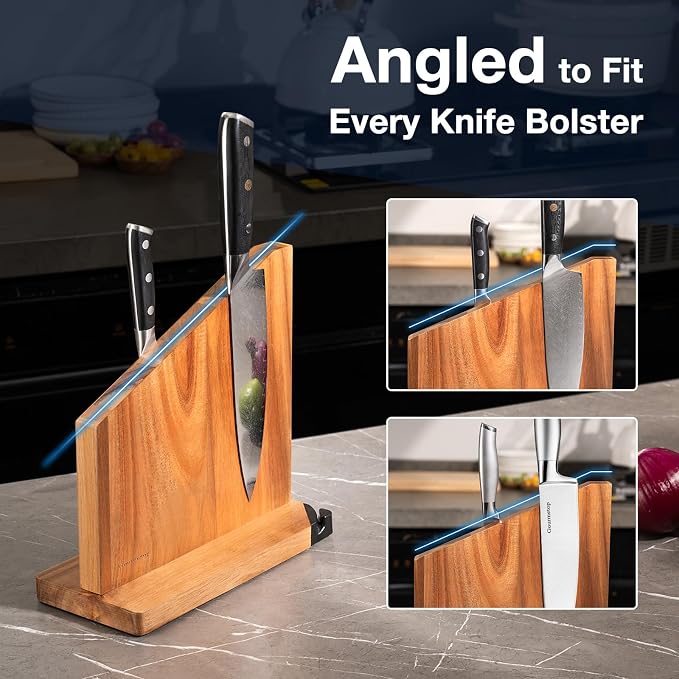 Magnetic Knife Block with Sharpener, Double Sided, Light Acacia | Multi-Row Magnet, Hold 12 Knives as Damascus & Heavy Cleaver, No Slip, Countertop Kitchen Organizer, No Installation, Gift - Image 5