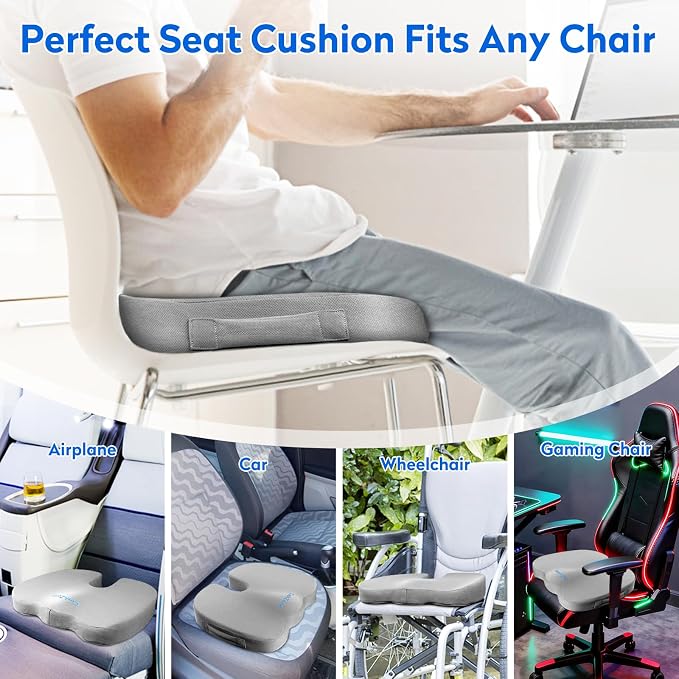 CushZone XL Memory Foam Seat Cushion for Office & Car, Light Gray | U-shaped Coccyx Cutout, Contoured Design, Breathable Removable Mesh Cover, Non-Slip Base, Carry Handle - Image 5