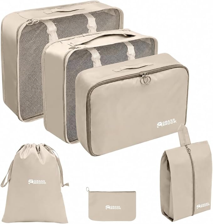 6 Set Packing Cubes, Luggage Packing Organizers for Travel Accessories, Carry on Suitcase Organizer Bags, Travel Essentials Luggage Accessories for Cruise Ship (Beige) by GRASSBROOK