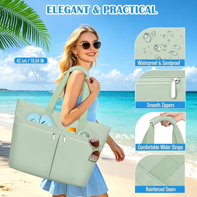 HUANLANG Large Beach Bags for Women Pool Bag with Zipper, Waterproof Sandproof Beach Tote Travel Bag with Wet Pocket - Image 5