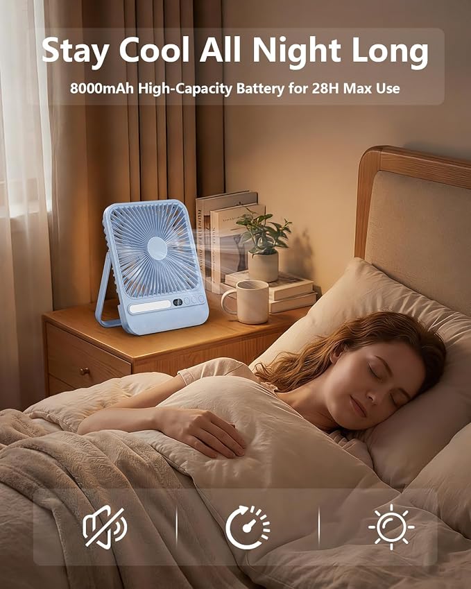 8000mAh Ultra-Thin Portable Travel Fan with Timer, Light&LED Display | 7in,28H Max Cooling Time,<42dB quiet for sleeping,cruise approved,4 Speeds Wind,Rechargeable Battery Fan for hotel office - Image 6