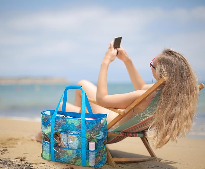KABAQOO Mesh Beach Bag, Extra Large Beach Bags with 9 Pockets & Zipper Waterproof Lightweight Beach Tote for Beach/Pool Trip - Image 5