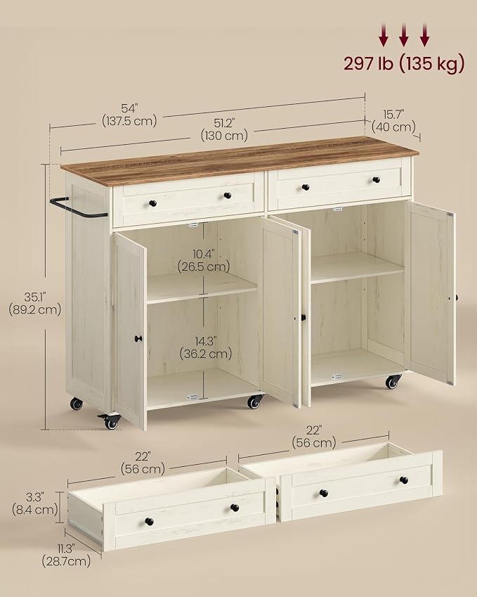 VASAGLE Mobile Kitchen Island with Storage Cabinet for Kitchen, Dining Room | Portable Mobile Cart on Wheels , 15.8 x 53.7 x 35.1 Inches, Rustic White and Honey Brown, SIREN Collection UKKI016WJ01S - Image 6