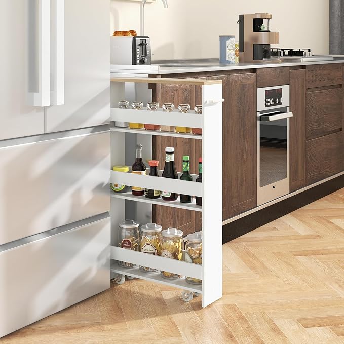 5”W Wooden Slim Rolling Storage Cart, 4 Tier Rolling Spice Rack with Handle, Cabinet Between Washer & Dryer, Slide Out Narrow Kitchen Cart for Kitchen Laundry Narrow Places - Image 2