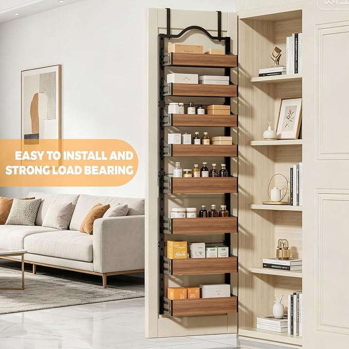 8-Tier Pantry Door Organizer, Over the Door Pantry Organizer with Wooden Adjustable Baskets, 2 IN 1 Spice Rack Wall Mount or Door Organizer, Door Spice Rack（12.4"W x 5.5"D x 66.1"H,1 Pack, Black) - Image 8