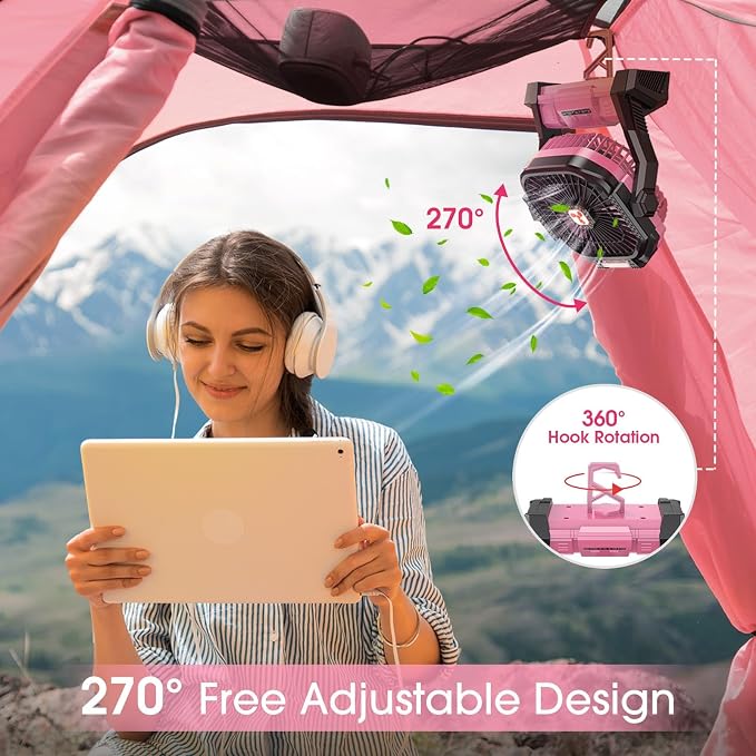 Portable Fan Rechargeable 20000mAh Cordless Battery Powered Camping Fan | with LED Lantern, Small Table Fan, USB Battery Operated Fans for Travel Bedroom Home Camping Tent Office Beach Desk Pink - Image 4