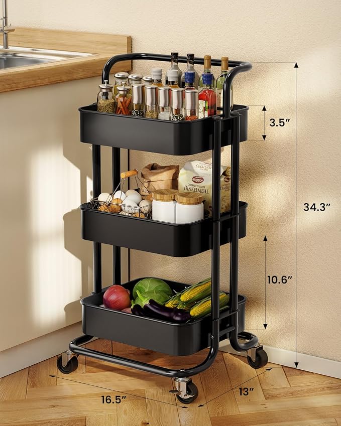 Pipishell Metal 3 Tier Rolling Cart with Handle & 2 Lockable Wheels, Black | Four Large 2" Wheels for Easy Motion, Sturdy Metal, Hold 22 lbs per Shelf, Ideal for Nursery Room, Living Room, Painting Room - Image 5