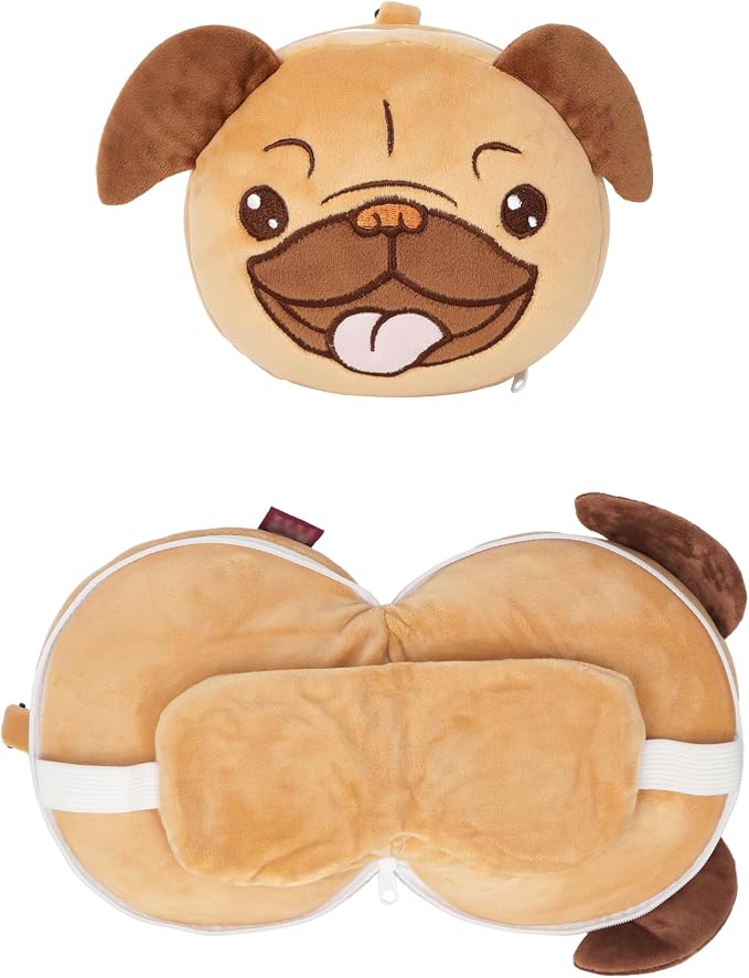 U Scinan Cute Animal 2-in-1 Travel Pillow and Eye Mask – Portable Neck Pillow with Adjustable Strap, Soft Plush Support for Airplane, Car, Train(Pug) - Image 7