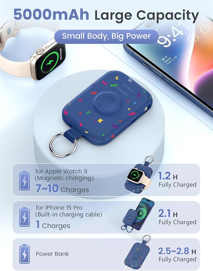 RORRY CharmGo Portable Charger, 5000mAh Portable Charger Power Bank | Built-in Cables,Travel Keychain Battery Pack Essentions for Apple Watch 1~11 Series/Ultra/SE & iPhone Air/17/16/15/14/13/12 - Image 3