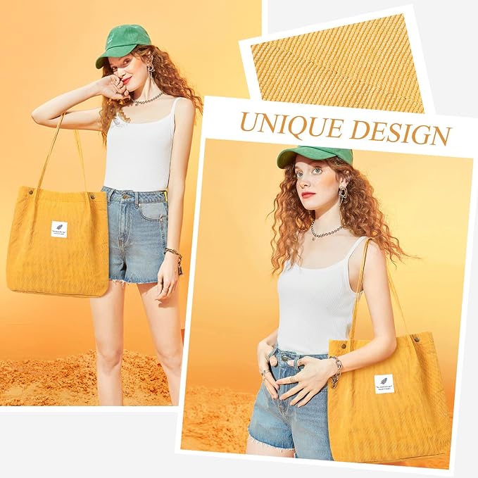 LHMTQVK Corduroy Tote Bags for Women, Large Capacity Tote Purse Reusable Grocery Shoulder Bag with Inner Pockets - Image 7