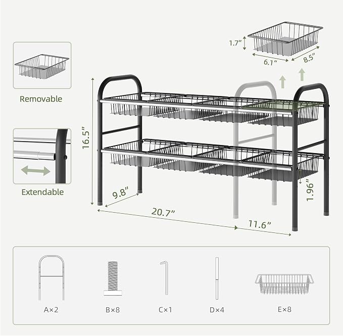 Under Sink Organizers and Storage,Expandable under cabinet organizer Shelf | 2 tier expandable shelf for kitchen and bathroom,8 Baskets,Adjustable partition height,20.7-32.3" W - Image 3