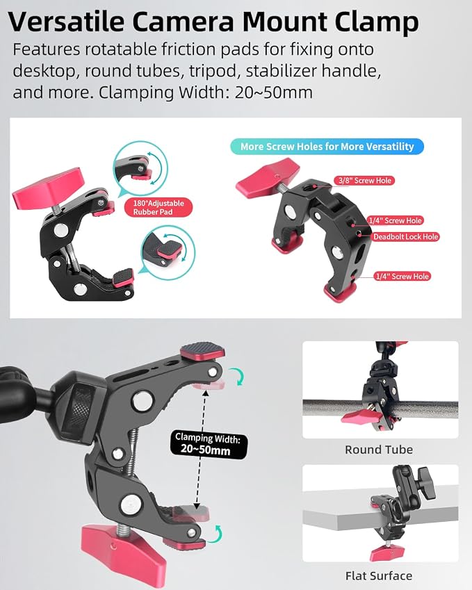 22" Magic Arm w Clamp Mount, Overhead Desk Phone Mount Stand, Adjustable Articulating Friction Camera Boom Arm w 1/4" Thread for Phone Video Light Webcam Action Camera Tripod Mic - Image 7