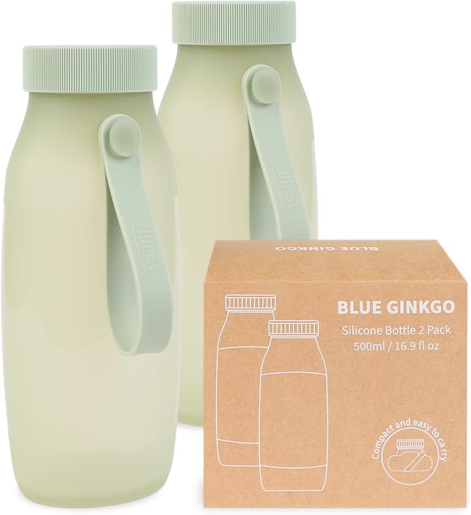 BLUE GINKGO Collapsible Water Bottle [2-Pack] – Lightweight, Foldable Silicone Bottles for Travel, Hiking, and Camping (16.9oz, Made in Korea, Olive Green) by BLUEGINKGO