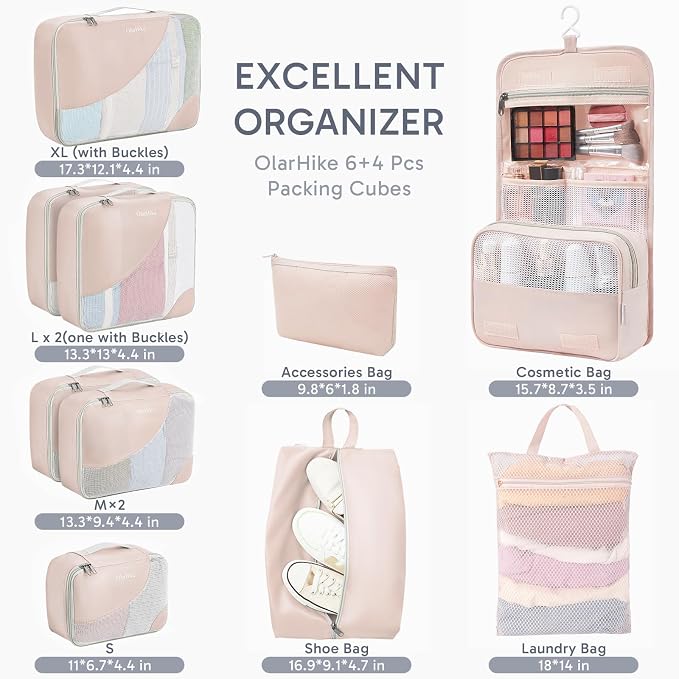 10 Set Packing Cubes for Travel, Gifts for Women Mom,Anti-Tearing Suitcase Organizer for Luggage with Shoe & Hanging Toiletry Bag,OlarHike Vacation Essentials & Accessories for Cruise Ship - Image 2