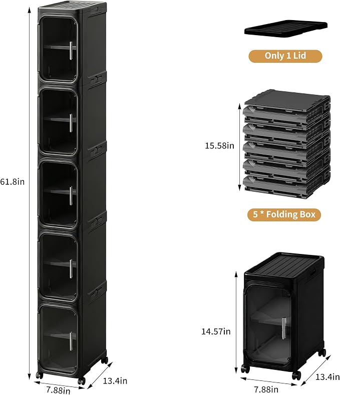 5-Tier Tall Narrow Slim Bathroom Storage Cabinet, Black | Tool Free Assembly, Adjustable Shelves, Fits for Narrow Spaces, Reinforced Stability, Magnetic Clear Door - Image 2