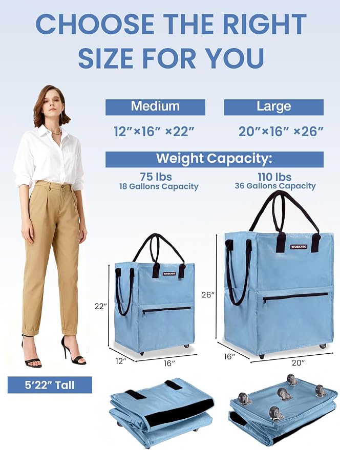 WORKPRO Large Rolling Grocery Bag, 36-Gallon Rolling Tote with 5 Wheels | Reusable Grocery Bag on Wheels, Holds Up to 110 lbs, Heavy Duty Rolling Tote for Groceries, Laundry, Moving & Back to School - Image 2
