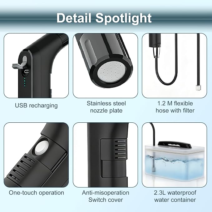 COSWE Portable Travel Bidet Electric Rechargeable Handheld Personal Bidet Sprayer for Hygiene Cleaning for Toilet with 2.3 liters Water container (Black), LIUW_JP2201 - Image 3