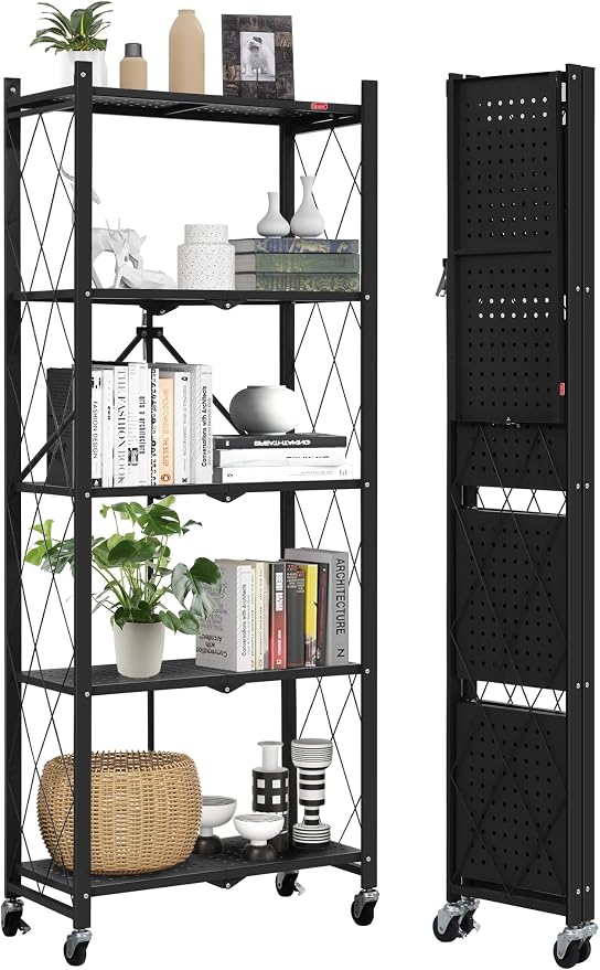 DEANIC 5-Shelf Folding Bookcase with Wheels, Rolling Bookshelf Heavy Duty Storage Shelves, Freestanding Metal Wire Shelving Unit for Living Room, Office, Kitchen, Basement, Pantry (Black) by ShowNow