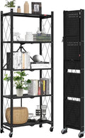 DEANIC 5-Shelf Folding Bookcase with Wheels, Rolling Bookshelf Heavy Duty Storage Shelves, Freestanding Metal Wire Shelving Unit for Living Room, Office, Kitchen, Basement, Pantry (Black) by ShowNow