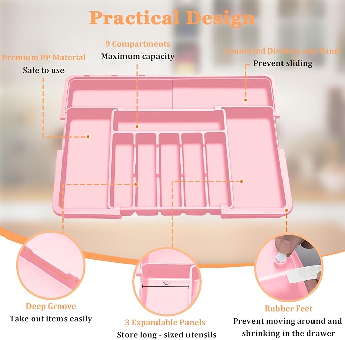 Silverware Organizer Expandable Kitchen Utensil Drawer Organizer Large BPA Free Adjustable Cutlery Silverware Tray for Spoons Forks Knives Storage Divider for Kitchen Flatware 6-9 Slots Pink - Image 6