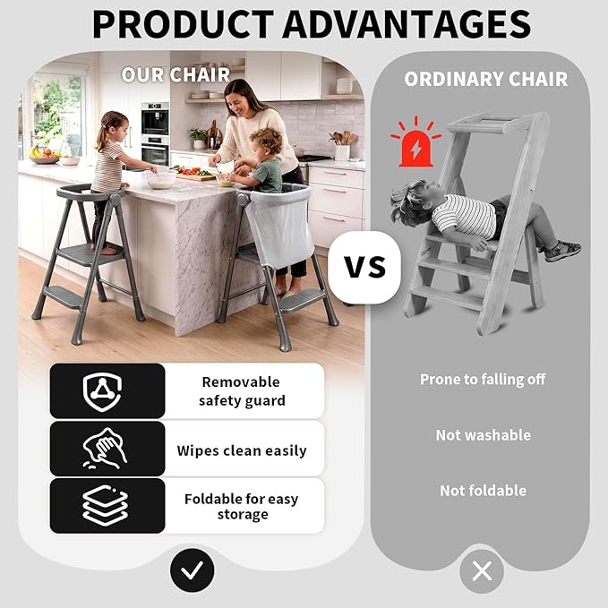 Foldable Toddler Standing Tower,Kitchen Helper Stool for Kids 1.5-6 Years | Safety Rail & Net Foldable Design Non-Slip Stable Easy Clean Portable Space Saving Storage Quick Assembly Montessori Black - Image 3