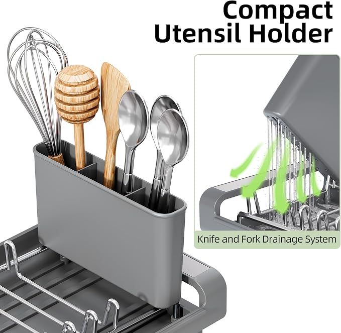 TOOLF Small Dish Drying Rack, Expandable and Space-Saving, Gray | Mini Dish racks for kitchen counter, Compact Design Fits Sink or Counter, Stainless Steel Plate Rack, 11"-19.3"L×7.7"W×3.54"H - Image 5
