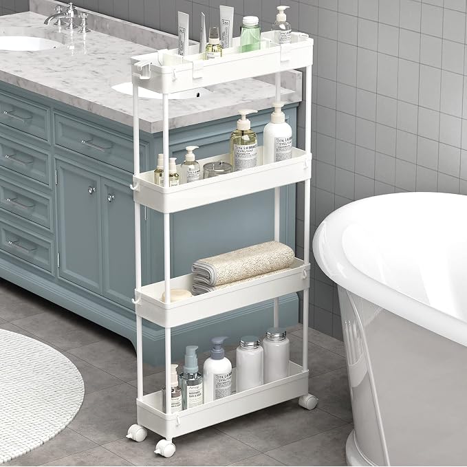 Slim Storage Cart 4 Tier,Bathroom Organizer Rolling Utility, Mobile Shelving Unit Slide Out for Office, Kitchen, Laundry Room & Narrow Places,White by Home