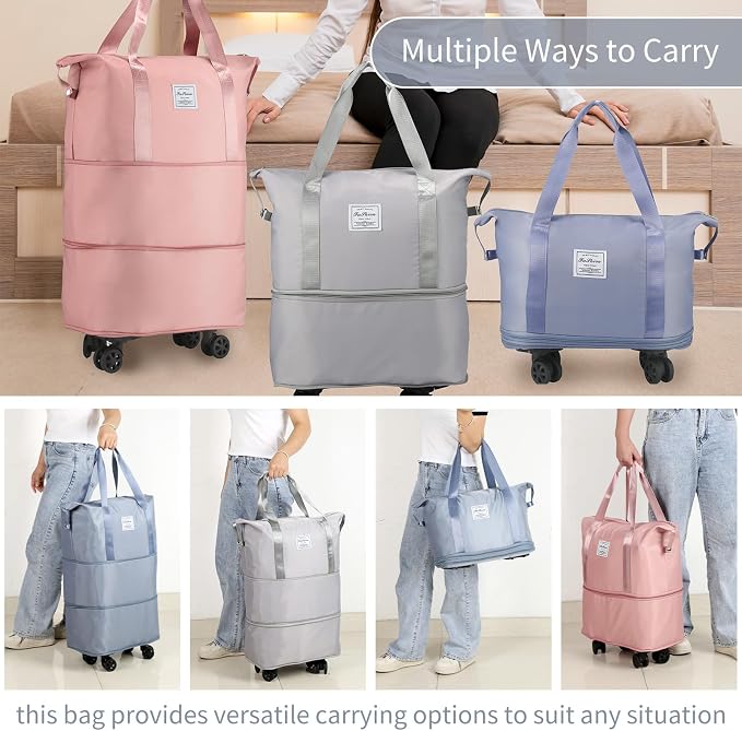 VOOWO Rolling Duffle Bag with Wheels, Expandable Foldable Duffle Bag for Travel, Rolling Under Seat Luggage Carry on Duffel Bags, Wheeled Travel Duffel Weekend Bags, Capacity 18L to 30L (Blue) - Image 7