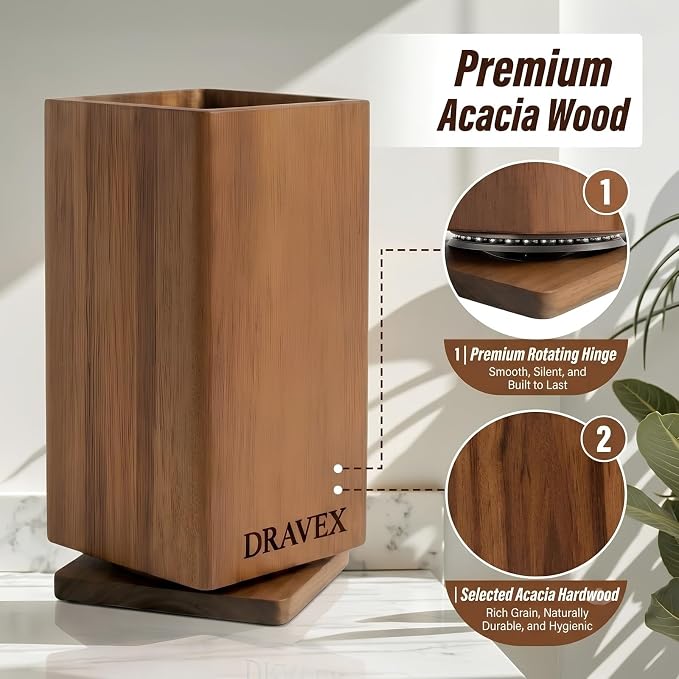 DRAVEX Ultra Premium Magnetic Knife Block without Knives for Counter Top | 360° Rotatable Acacia Wood Knife Holder Stand, Large Kitchen Utensils Holder with Strong Magnet, Anti-Slip Base - Image 7