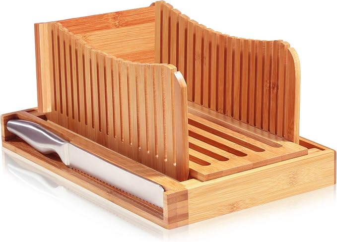 Bambüsi Bread Slicer for Homemade Bread with Knife Sourdough Cutter, Bamboo | Folds Flat for Compact Storage, 3-Thickness Slice Options, Serrated Steel Knife, Manual, Fits Loaves, Bagels, Sourdough, Cake - Image 9