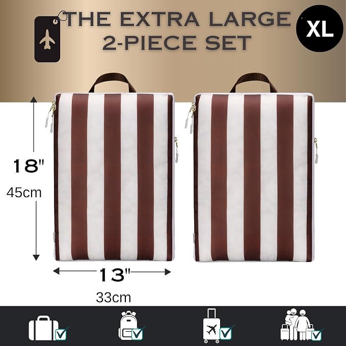 Extra Large Compression Packing Cubes for Checked Luggage, Lightweight Suitcase Organizers & Space Saver Bags - Travel Cubes for Packing - 2pc Set, X-Large - Brown Cabana Stripe - Image 4