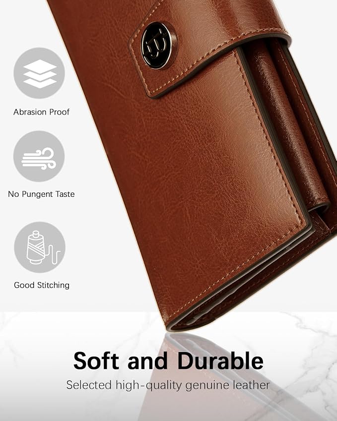 BOSTANTEN Womens Leather Wallet RFID Large Capacity Credit Card Holder | 20 Card Slots, Phone Holder, Zipper Coin Pocket, Clutch Wallet, Long Bifold, Ladies Gifts, Brown - Image 4