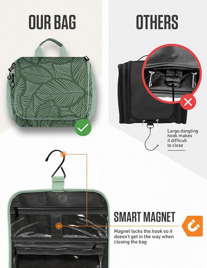 VENTURE 4TH Hanging Travel Toiletry Bag, 17 Compartments - Green Leaves | Hangs on rails, hooks or doors; stands upright too. Removable TSA pouch. Water-resistant 900D Nylon, reinforced stitching. - Image 6