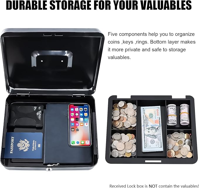 KYODOLED Metal Cash Box with Money Tray and Lock,Money Box with Cash Tray,Cash Drawer,11.81"x 9.45"x 3.54" Black X Large - Image 4