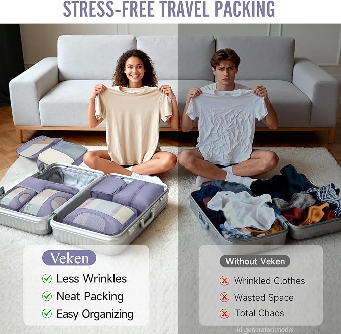 Veken 8 Set Packing Cubes for Travel Essentials,Anti-Wrinkle Buckled Suitcase Organizer for Shoe & Toiletry Bag,Carry On Luggage Bag with 99+ Count Mesh Holes for Airplane & College Dorm Accessories - Image 8
