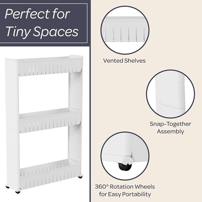 Lavish Home 3 Tier Shelf Rolling Cart, White, 19.5” x 5” x 28” - Image 6