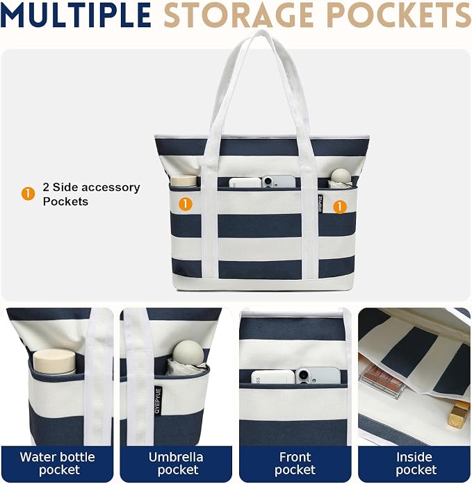 Large Canvas Tote Bag for Women, Beach Bag with Zipper, Utility Tote Bag with 3 Front Pockets, Weekender Pool Bag - Image 4