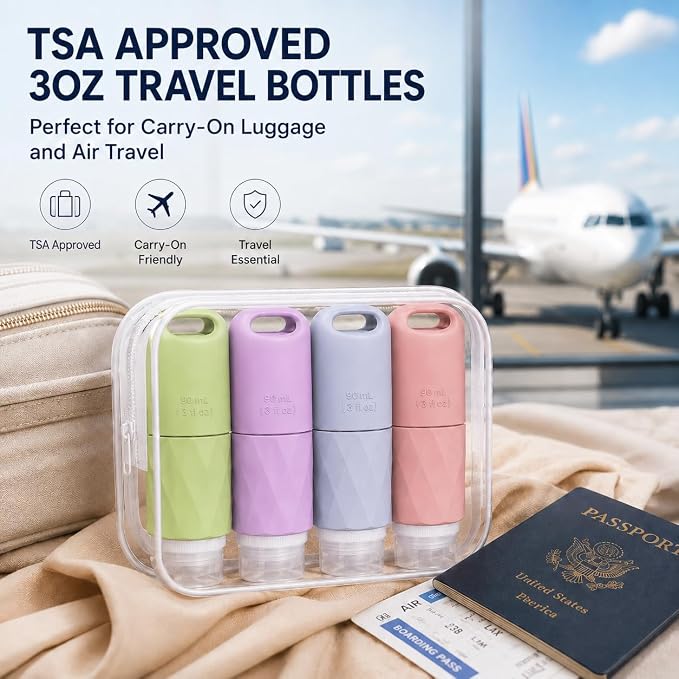 Travel Bottles for Toiletries, TSA Approved 3oz Leak Proof Silicone Travel Size Containers with Cross-Valve Cap, Refillable Bottles with Labels & Clear Bag for Shampoo, Body Wash(4 Pack-Pink) - Image 2
