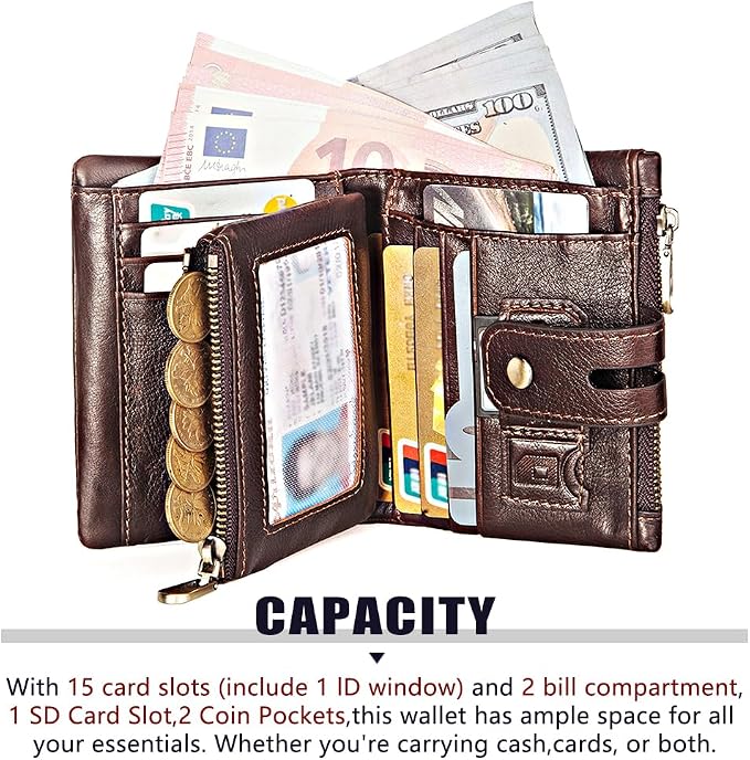 Anti-Theft Mens Wallet with Chain Genuine Leather ID Window Purse with RFID Blocking Bifold Double Zipper Coin Pocket with Gift Box - Image 4