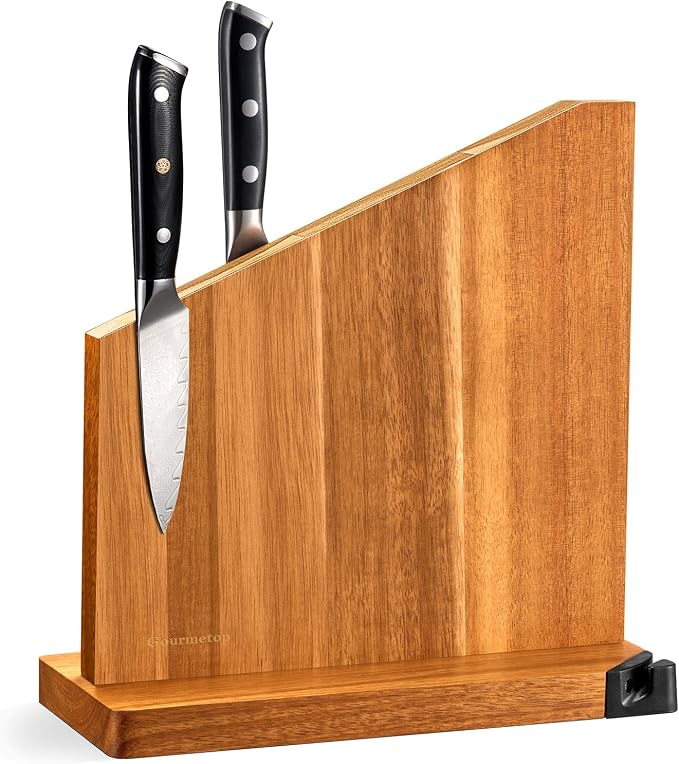 Magnetic Knife Block with Sharpener, Double Sided, Light Acacia | Multi-Row Magnet, Hold 12 Knives as Damascus & Heavy Cleaver, No Slip, Countertop Kitchen Organizer, No Installation, Gift by Gourmetop