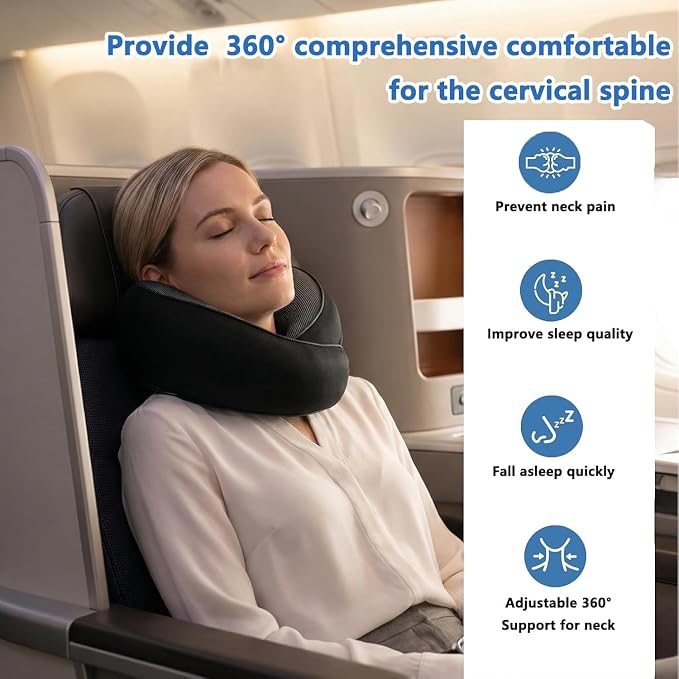 Travel Neck Pillow for Airplane - 100% Memory Foam 360° Ergonomic Support - Adjustable Velcro, Washable Velvet Cover & Compact Storage Case - Flight Essentials for Sleeping (Black) - Image 3