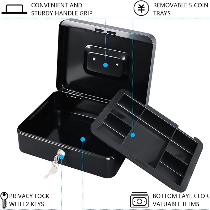 KYODOLED Large Cash Box with Removable Money Tray, Key Lock Metal Storage Box with 2 Keys & Portable Handle, Safe Cash Drawer, 9.84"x 7.87"x 3.54", Black Large - Image 3