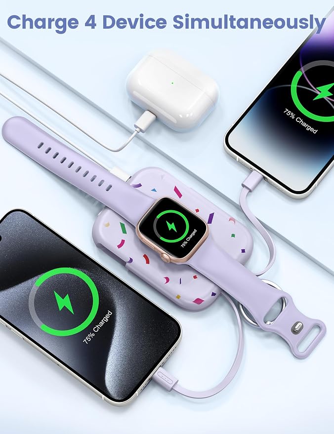 RORRY CharmGo Portable Charger, 5000mAh Portable Charger Power Bank | Built-in Cables,Travel Keychain Battery Pack Essentions for Apple Watch 1~11 Series/Ultra/SE & iPhone Air/17/16/15/14/13/12 - Image 4