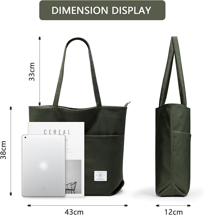 KALIDI Women Corduroy Tote Bag Zipper Casual Tote's Handbag Big Capacity Shoulder Bag with Pockets - Image 7
