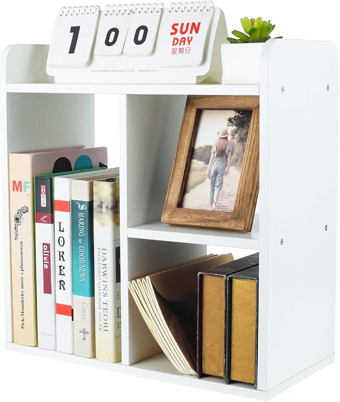 Desktop Shelf Freestanding Wood Small Bookshelf Desk Supplies Organizers and Accessories Storage Display Rack Office Decor for Women, White by PAG