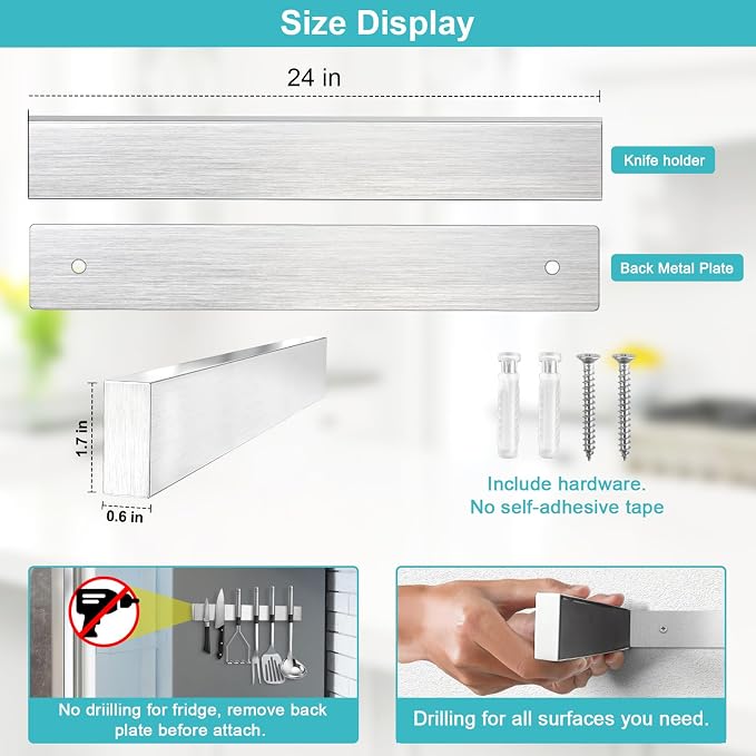 Magnetic Knife Holder for Wall 24 Inch Knife Magnetic Strip Refrigerator Knife Magnet Bar Wall Mount Knife Rack for RV Kitchen Utensil Holder Metal Tool Holder Knife Block - Image 3