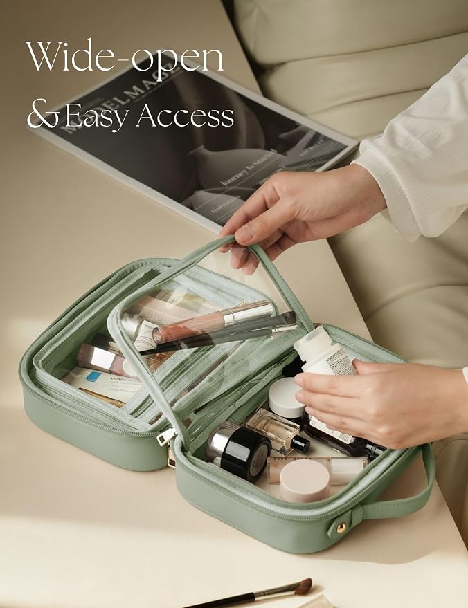 Clear Cosmetic Bag Double Layer Travel Toiletry Bag Clear Makeup Bag Case with 4 Compartments, Transparent Travel Bag for Toiletries, Large Toiletry Bag for Women Cosmetic Case (Sage Green, Small) - Image 2