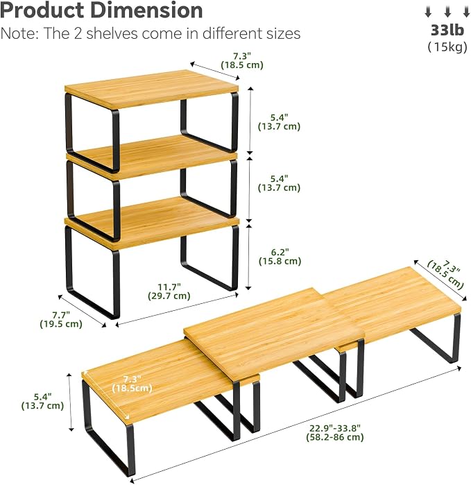 Simple Trending Bamboo Cabinet Organizer Shelf, Set of 3 Kitchen Counter Shelves, Stackable Expandable Spice Rack Kitchen Storage, Black and Natural - Image 3