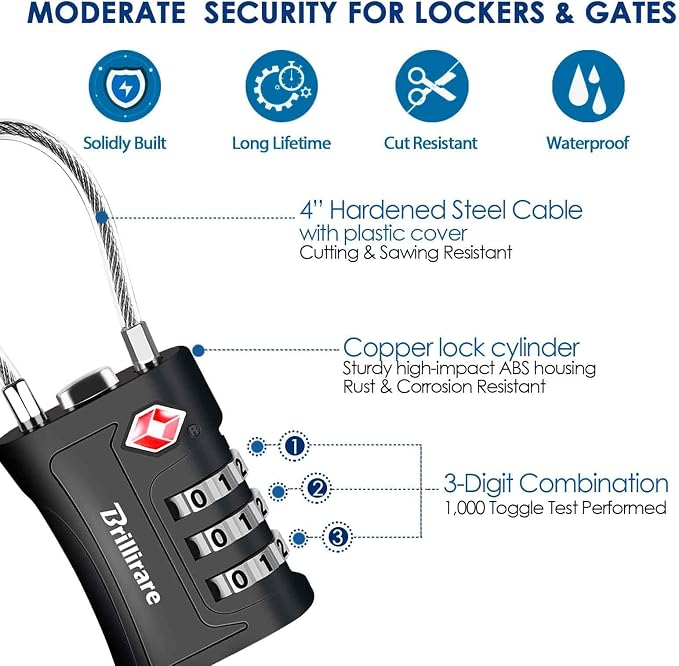 2 Pack TSA Approved Luggage Locks, Combination Travel Cable Padlock, 3-Digit Waterproof Lock, TSA Accepted Outdoor Keyless Resettable Lock for Lockers, Bags, Gym, Gate-Black - Image 4