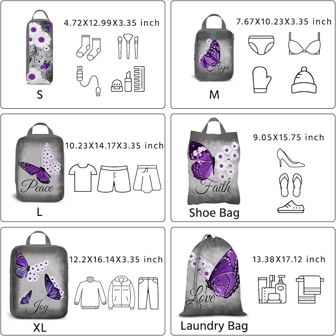 6 Pcs Compression Packing Cubes Waterproof Suitcase Travel Bag Luggage Backpack Organizer Travel Cubes for Packing-Purple Butterfly - Image 6